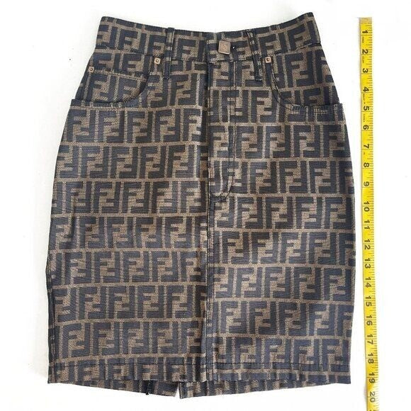 Authentic Fendi Ff Zucca Vintage Printed Mini Skirt Brown Tan Pockets