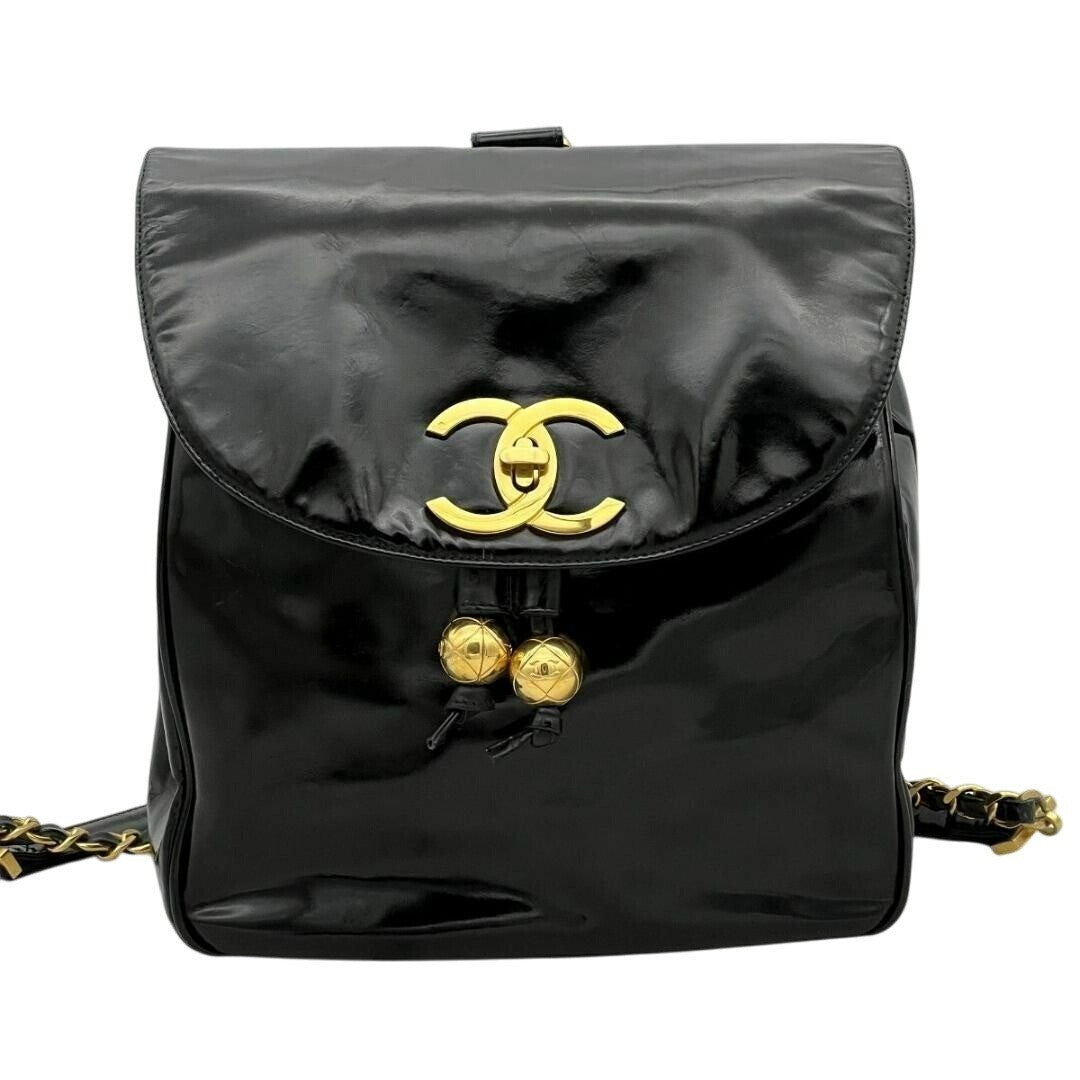 Chanel CC Vintage Backpack Bag Patent Leather Black Turnlock Chain