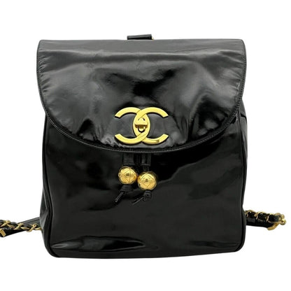 Chanel CC Vintage Backpack Bag Patent Leather Black Turnlock Chain