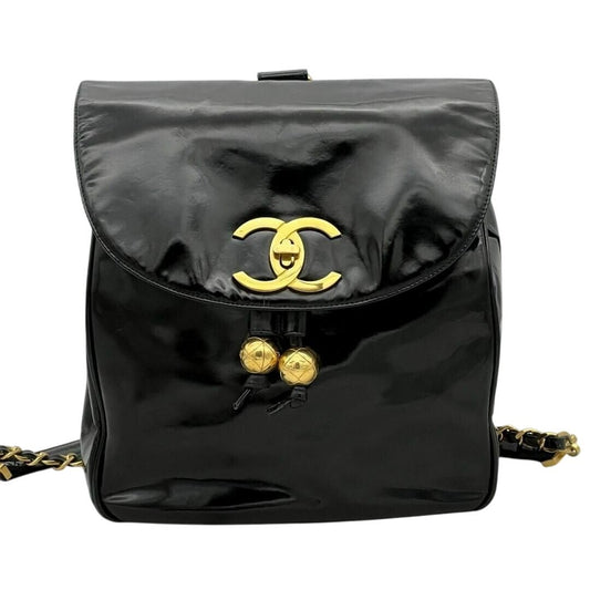 Chanel CC Vintage Backpack Bag Patent Leather Black Turnlock Chain
