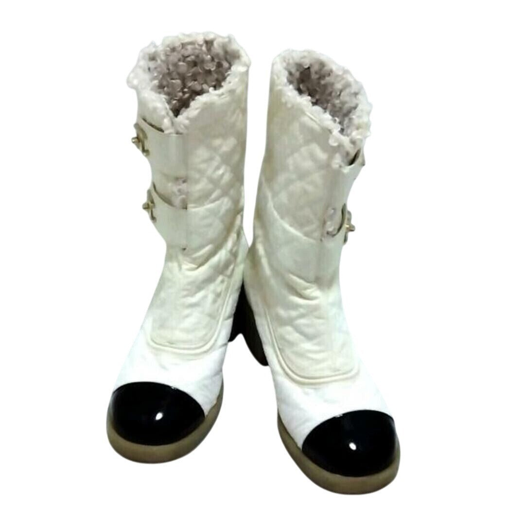 Chanel Quilted Leather Fur Boots Shoes White Gold CC Logo 37