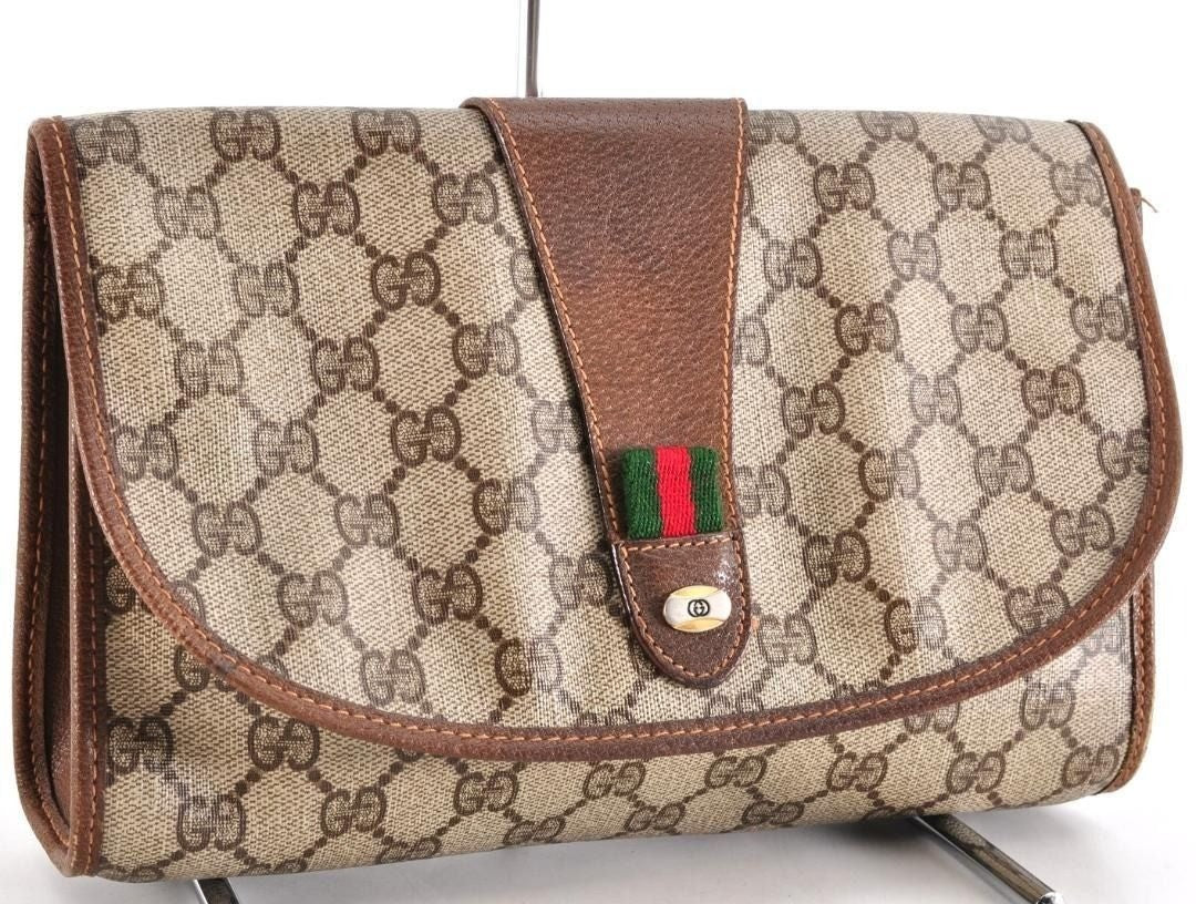 Gucci GG Supreme Ophidia Sherry Line Clutch Bag Wallet Web Canvas Tan