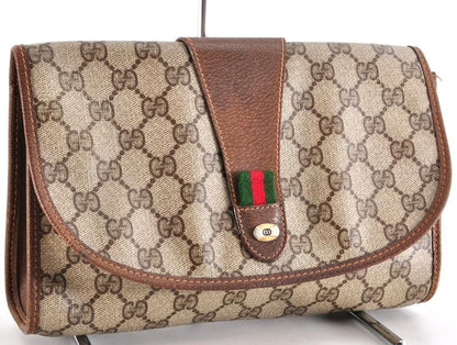 Gucci GG Supreme Ophidia Sherry Line Clutch Bag Wallet Web Canvas Tan