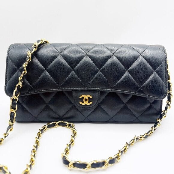 Chanel Lambskin Quilted Leather Wallet Chain Flap Black Purse Tote