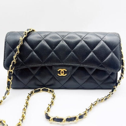 Chanel Lambskin Quilted Leather Wallet Chain Flap Black Purse Tote