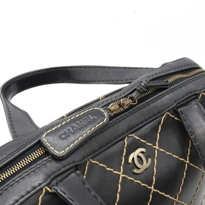 Chanel CC Wild Stitch Vintage Quilted Shoulder Bag Tote Calfskin Black