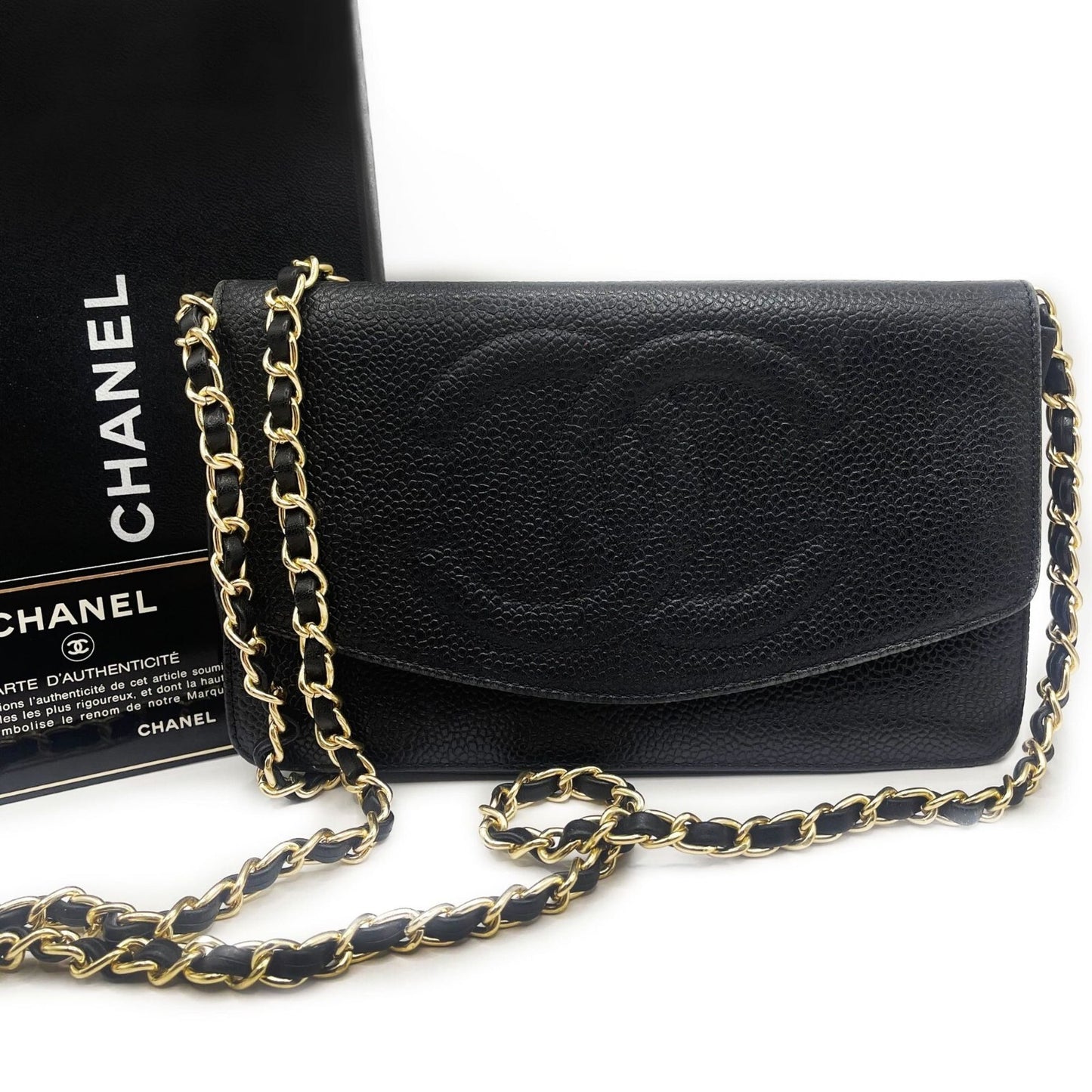 Authentic Chanel CC Classic Timeless Caviar Leather Flap Wallet Chain Purse