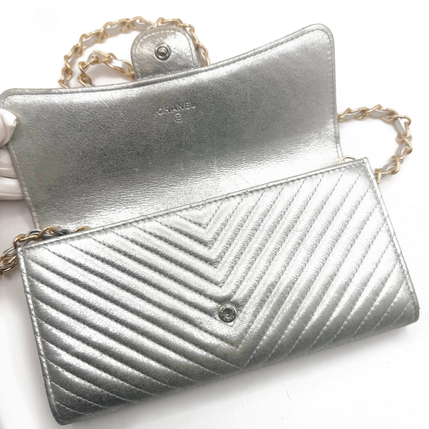 Authentic Chanel CC Chevron Timeless Caviar Flap Wallet Chain Purse Silver Bag
