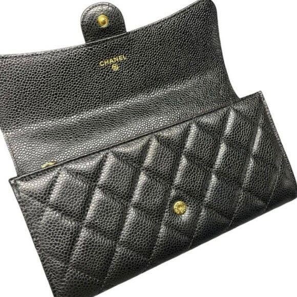 Chanel CC Classic Caviar Flap Wallet Quilted Leather Chain Purse Black