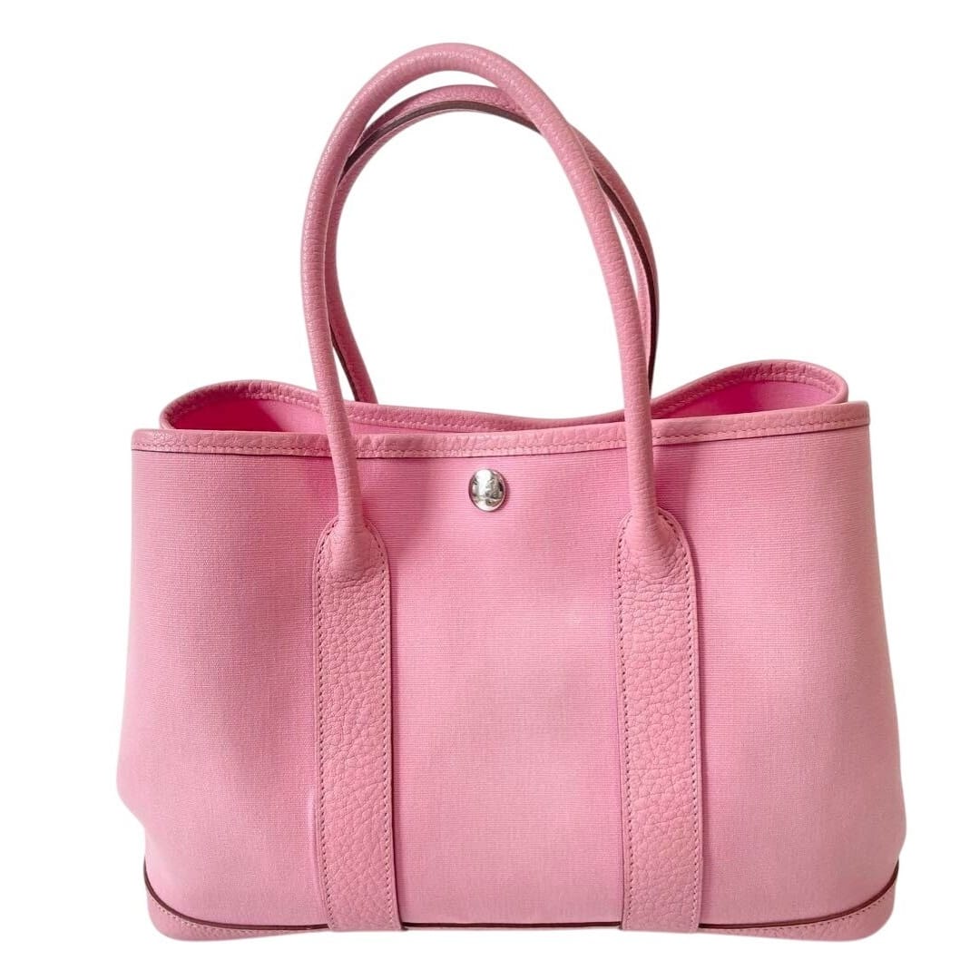 Hermes Garden Party TPM Toile Officier Vache Leather Tote Bag Pink Handbag