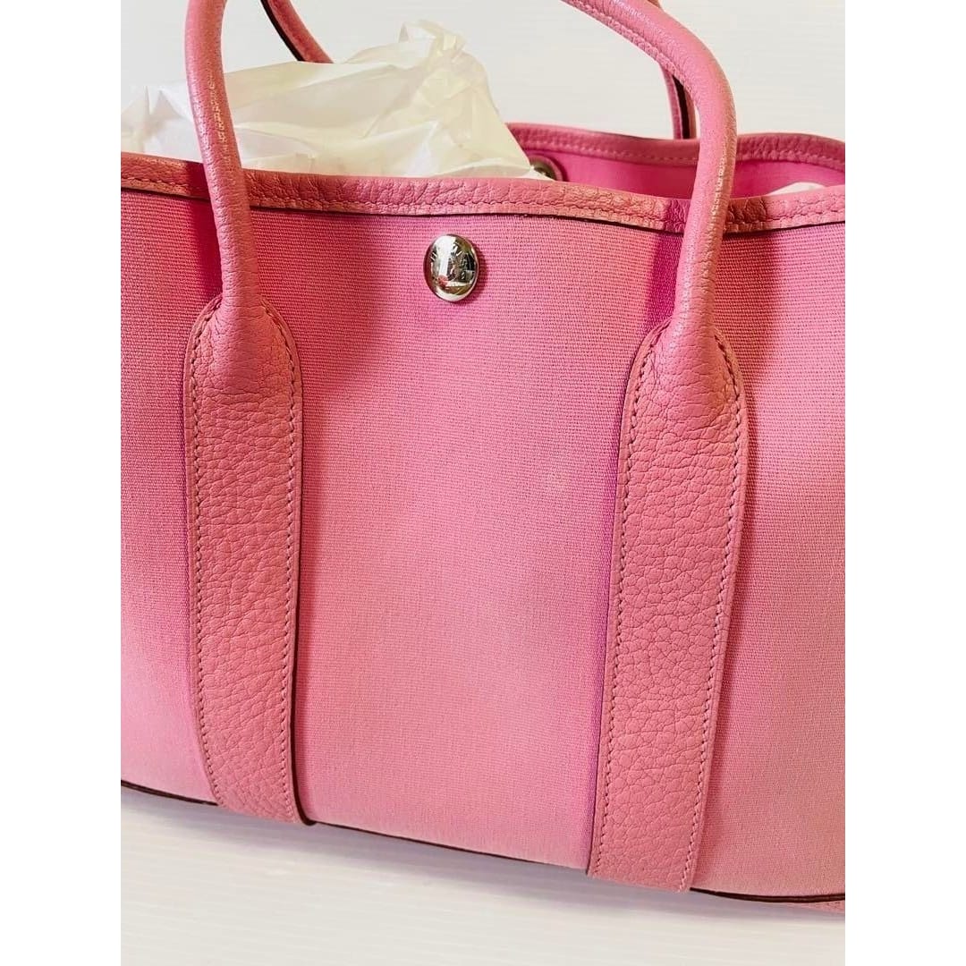 Hermes Garden Party TPM Toile Officier Vache Leather Tote Bag Pink Handbag