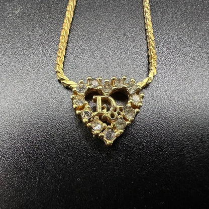Christian Dior Vintage Rhinestone Crystal Heart Necklace Gold Plated