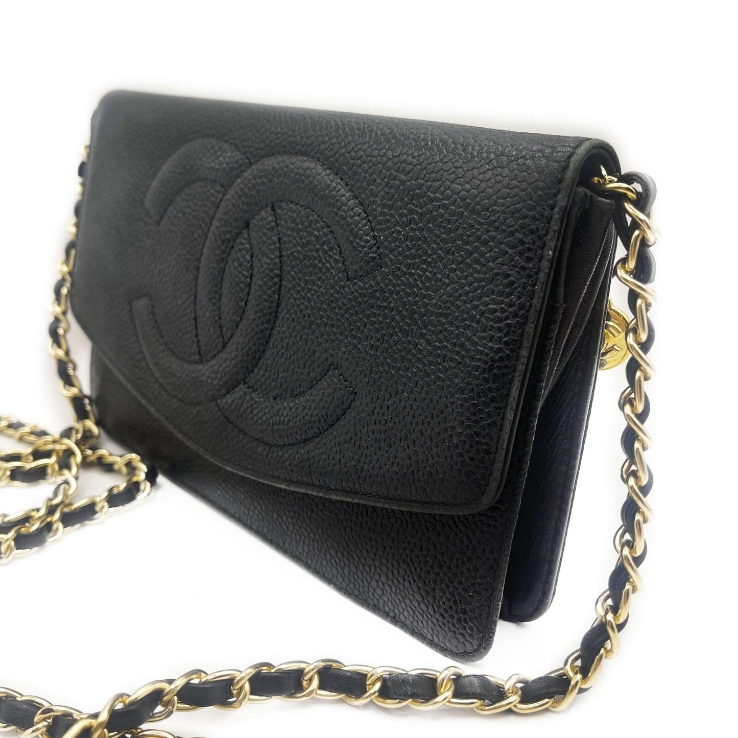 Authentic Chanel CC Classic Timeless Caviar Leather Flap Wallet Chain Purse