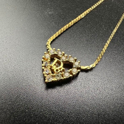 Christian Dior Vintage Rhinestone Crystal Heart Necklace Gold Plated