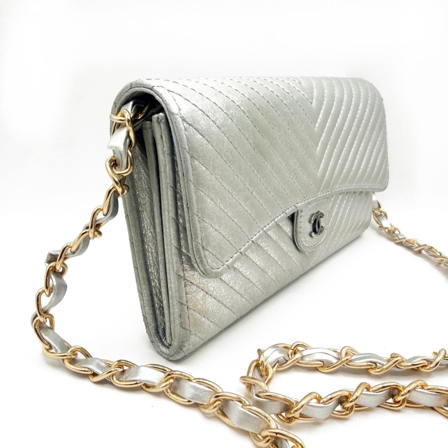Authentic Chanel CC Chevron Timeless Caviar Flap Wallet Chain Purse Silver Bag