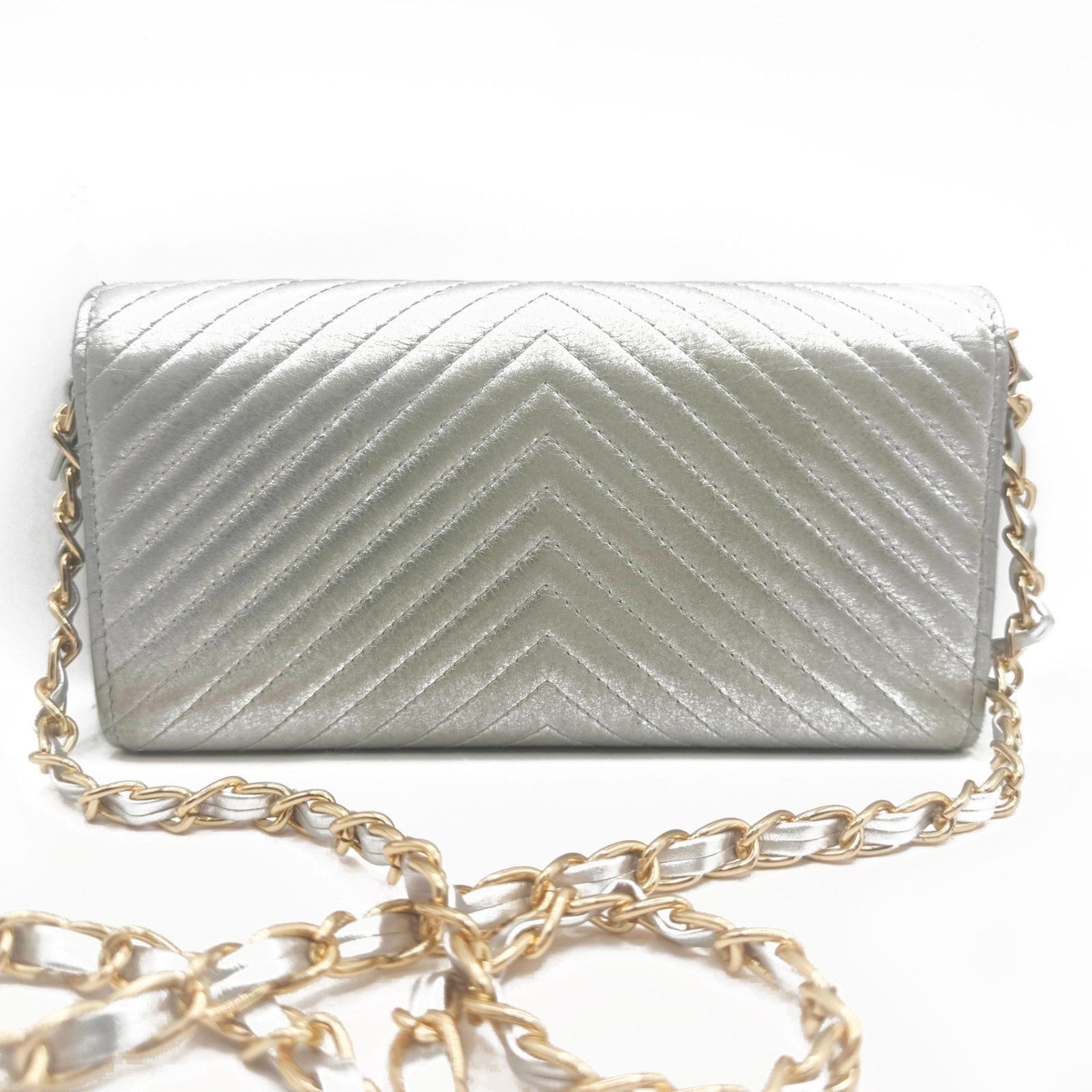 Authentic Chanel CC Chevron Timeless Caviar Flap Wallet Chain Purse Silver Bag