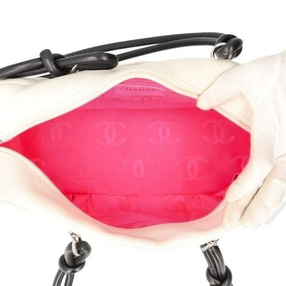 Chanel Cambon Quilted Ligne Shoulder Bowling Bowler Bag Tote White