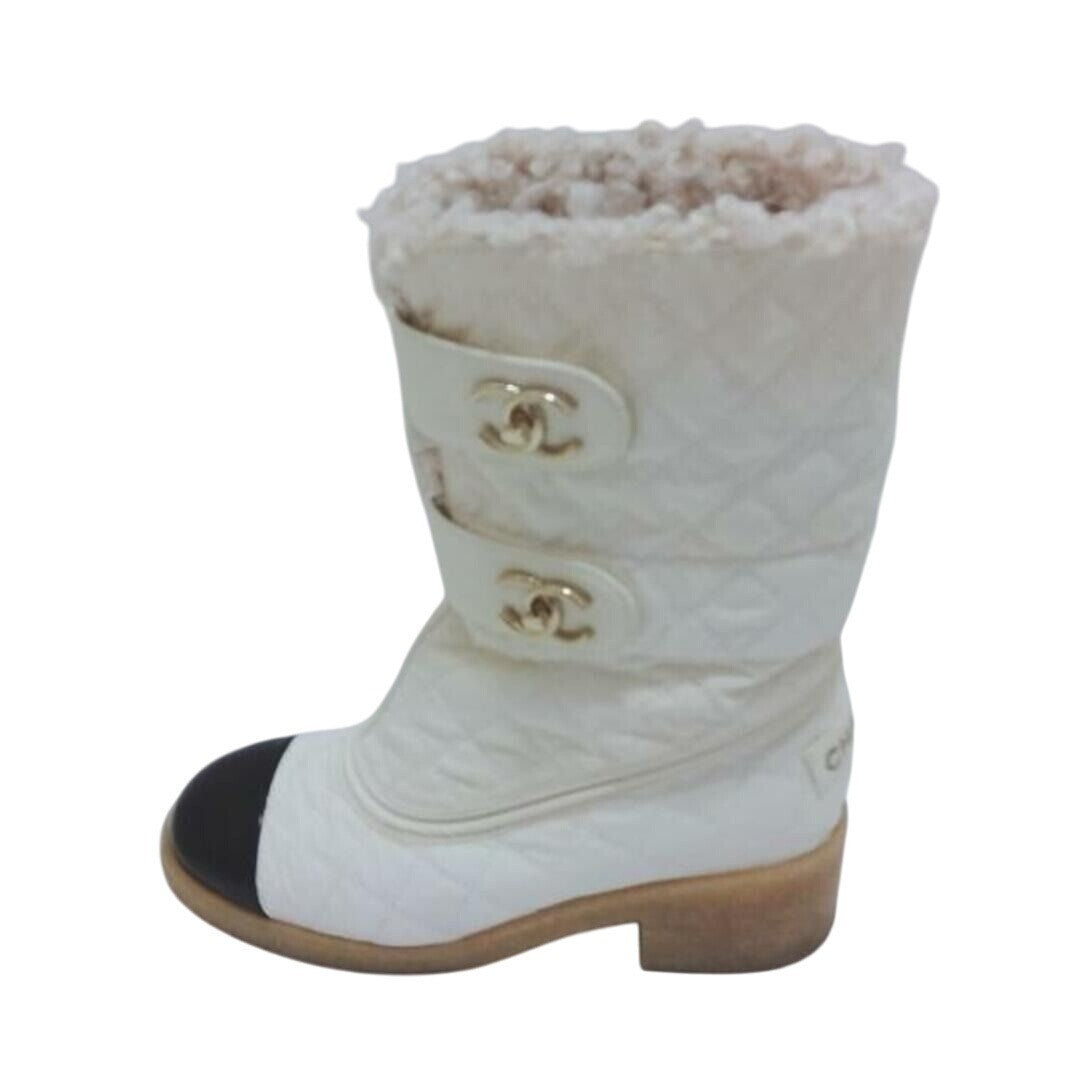 Chanel Quilted Leather Fur Boots Shoes White Gold CC Logo 37
