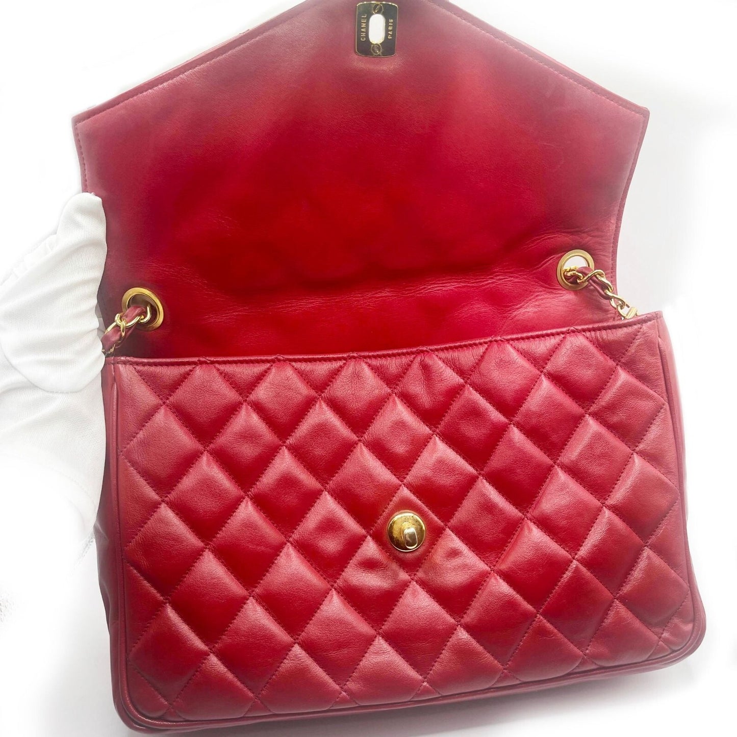 Chanel CC 24k Vintage Jumbo Envelope Flap Bag Lambskin Timeless Red