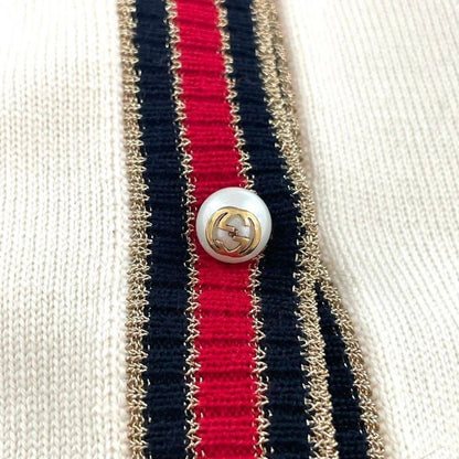 Gucci Ivory Cream Web Stripe Trimmed Buttons Wool Cardigan Sweater Long Sleeve
