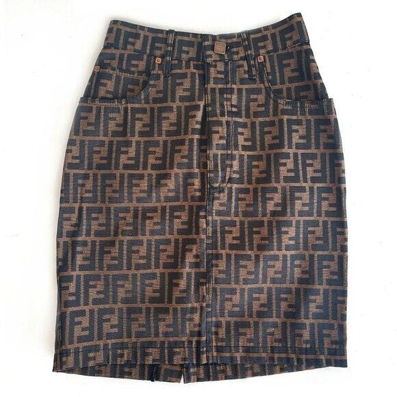 Authentic Fendi Ff Zucca Vintage Printed Mini Skirt Brown Tan Pockets