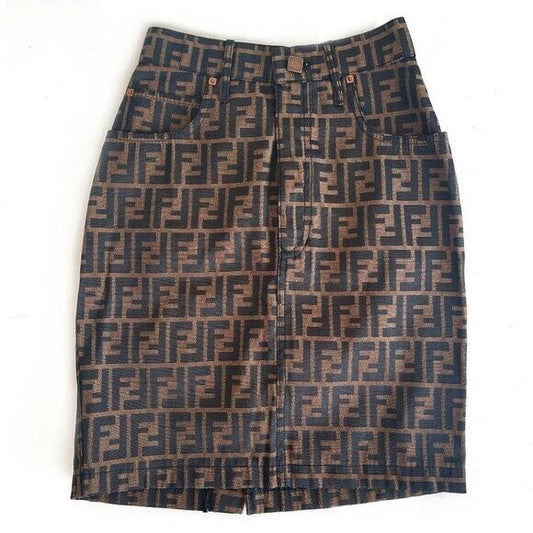 Authentic Fendi Ff Zucca Vintage Printed Mini Skirt Brown Tan Pockets