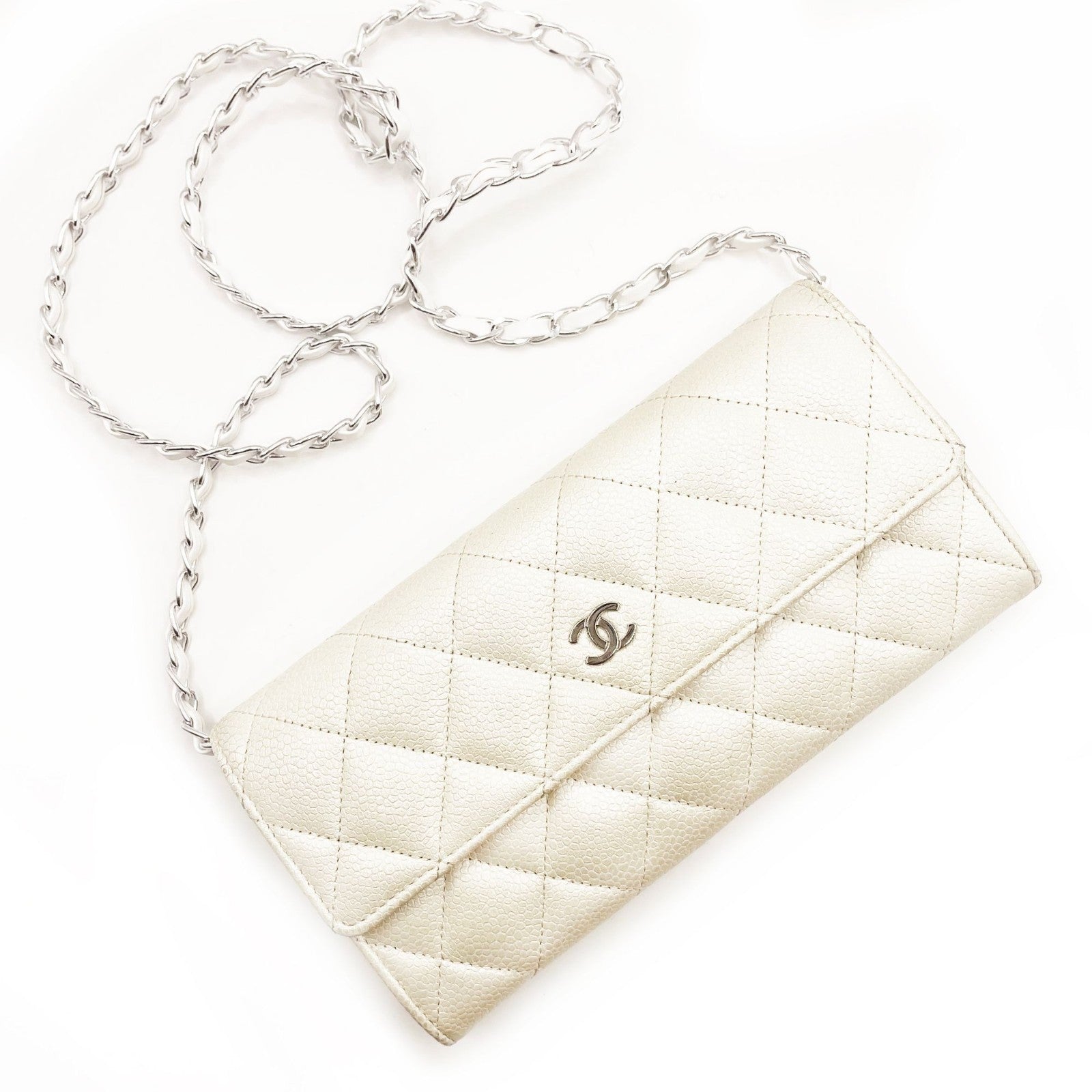Authentic Chanel CC Classic Timeless Caviar Flap Wallet on Chain Purse White Bag