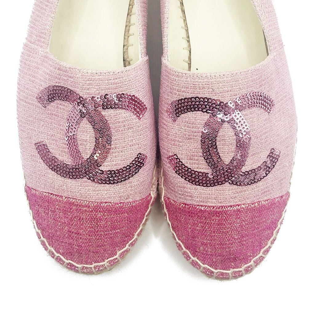 Chanel CC Logo Canvas Pink Sequin Espadrilles Flats Shoes 38