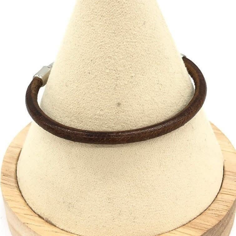 Hermes Jumbo Hook Bracelet Stainless Steel Leather Silver Brown