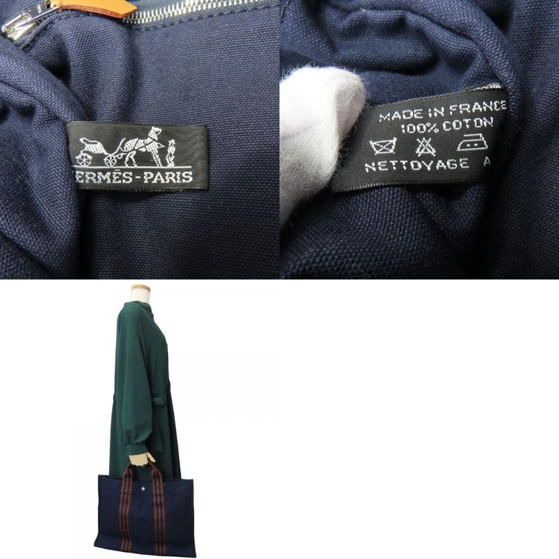 Hermes Tote Bag Fourre Tout MM Cotton Canvas Navy Brown Business Stylish Ladies
