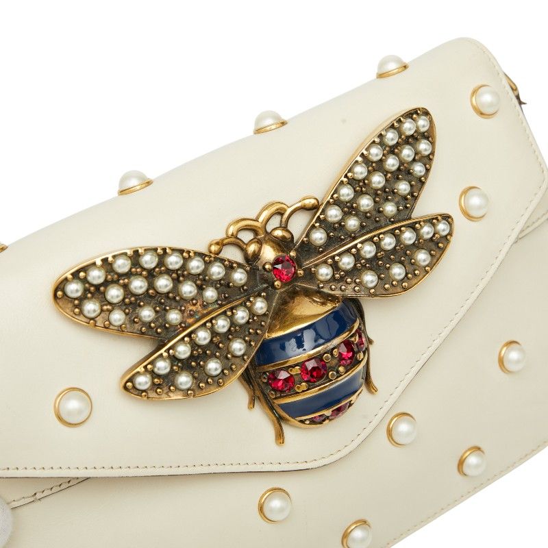 Gucci Broadway Pearl And Bee Chain Shoulder Bag 2WAY 453778 White Gold Leather