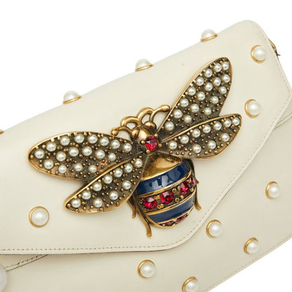 Gucci Broadway Pearl And Bee Chain Shoulder Bag 2WAY 453778 White Gold Leather