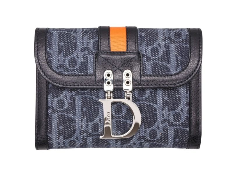 Dior Bifold Wallet Compact Trotter Line Navy Black Orange