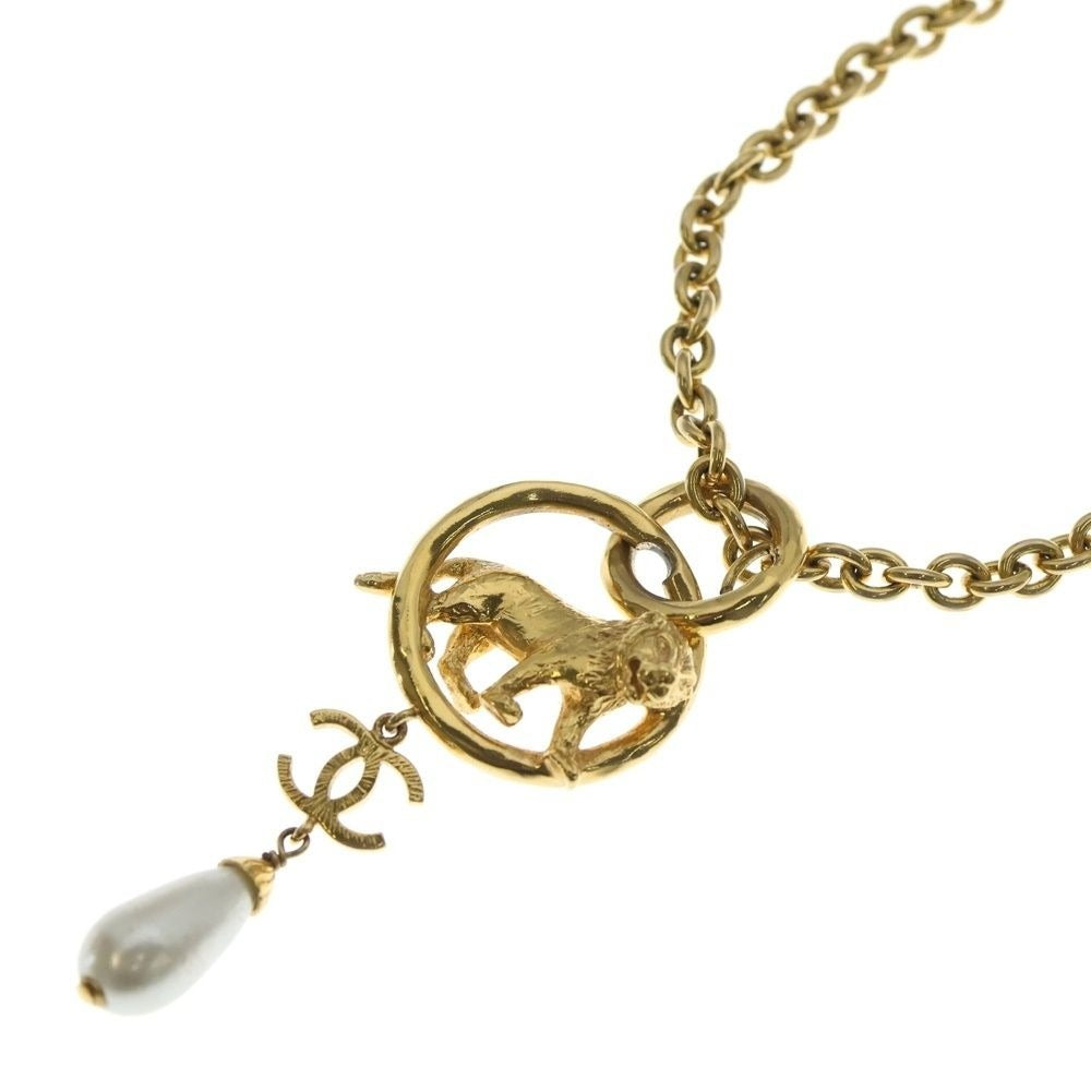 Chanel Lion CC Logo Pearl Chain Pendant Necklace Gold