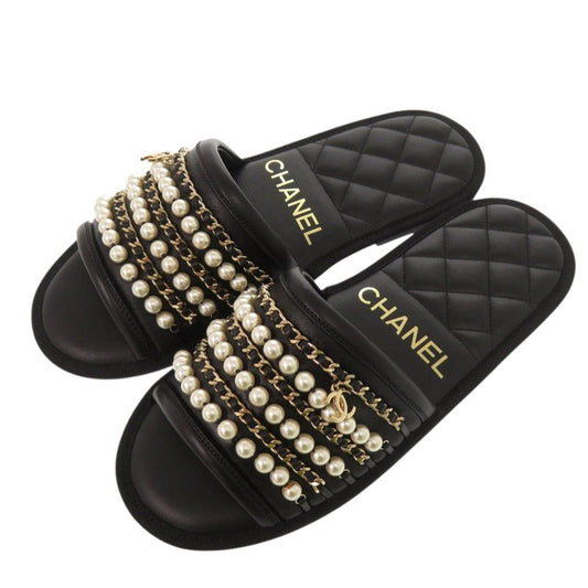Chanel CC Logo Flat Sandals with Chain XS Gold Leather