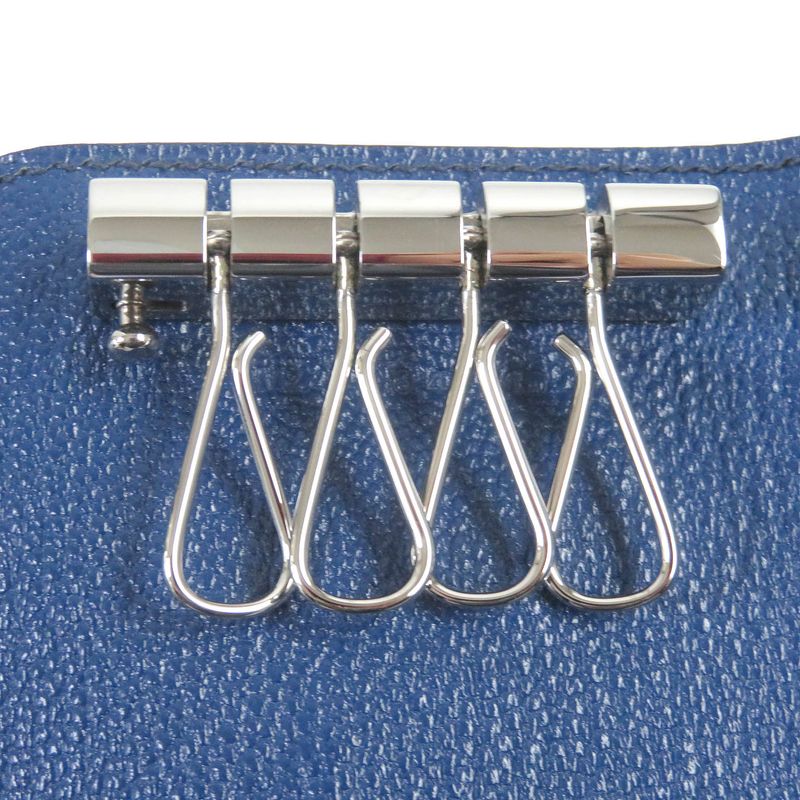 Hermes Bearn H Logo Silver Hardware Chèvre Leather 4-ring Key Case Blue Dmarte