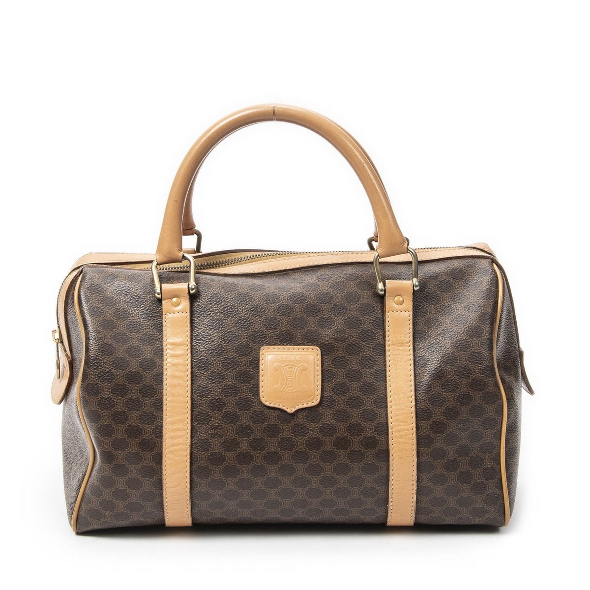 Celine Vintage Small Boston Brown Beige Macadam Canvas
