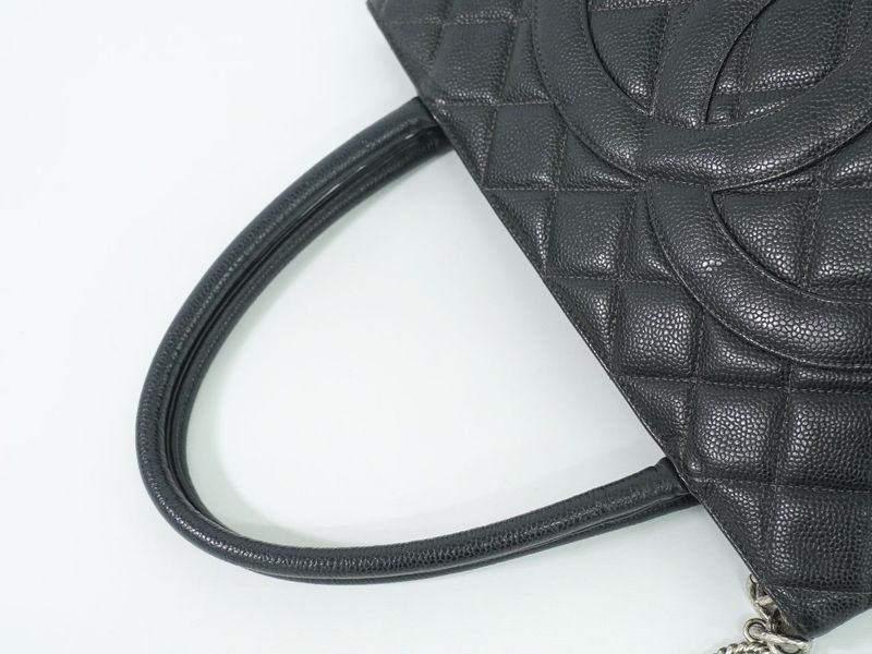 Authentic Chanel Coco Mark Revival Tote Handbag Caviar Skin Leather Black Coco