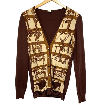 Hermes Twill Reine Medor Button Cardigan Size 38 Brown