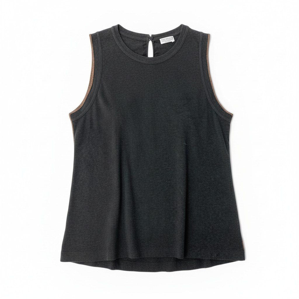 Brunello Cucinelli Sleeveless T-Shirt Top Beaded Piping Top S Gray