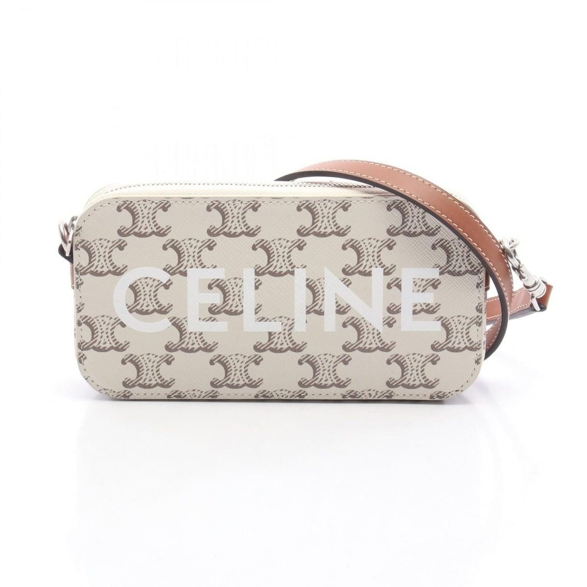 Celine Shoulder Bag Triomphe Horizontal Pouch White Canvas Leather