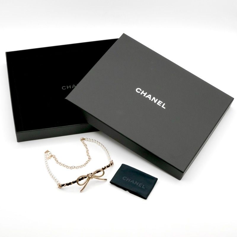 Chanel Necklace Pendant Choker Gold Coco Mark Ribbon Chain Lambskin