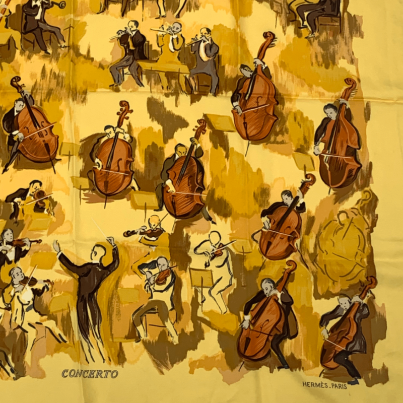 Hermes Carre 90 Concerto Yellow 100% Silk Scarf