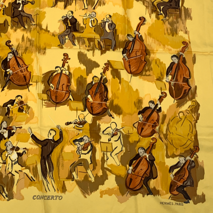 Hermes Carre 90 Concerto Yellow 100% Silk Scarf