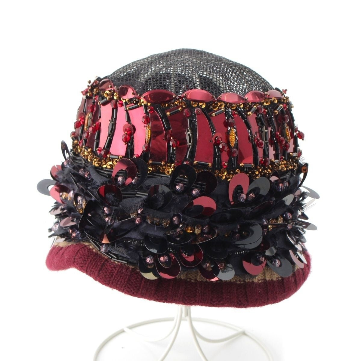 Prada S Decoration Bijou Mesh Sequin Bead Hat Black Red Multicolor