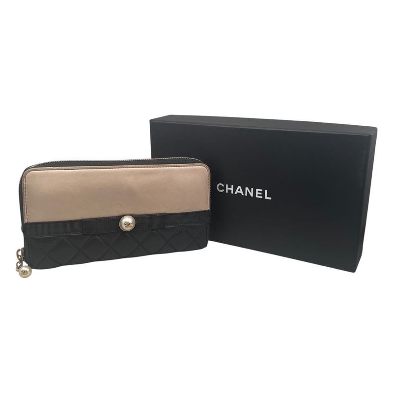 Em0840 Chanel Women's Long Wallet Pearl Zippy Wallet Black Beige