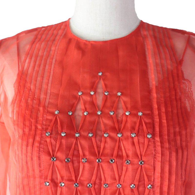 Gucci 2020 633322 100% Silk Sheer Long Sleeve Blouse Top With Rhinestones Red