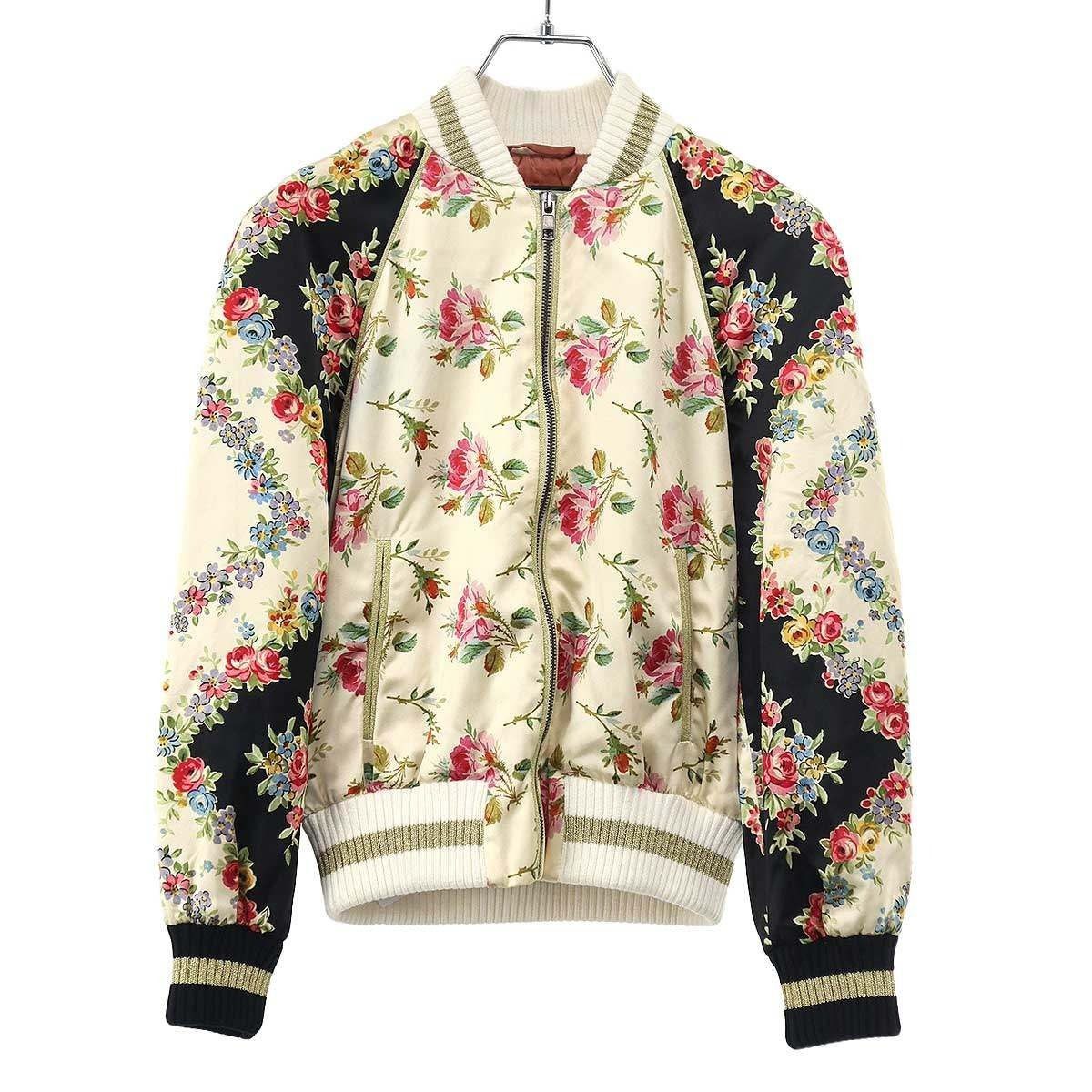 Gucci Fication Flower Silk Bomber Jacket Ivory Black 38