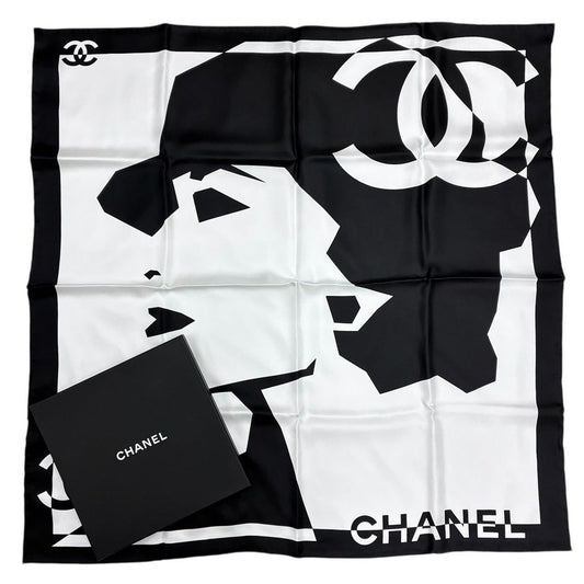 Chanel Silk% Large Scarf CC Logo Mademoiselle White Black