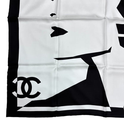 Chanel Silk% Large Scarf CC Logo Mademoiselle White Black — view 5